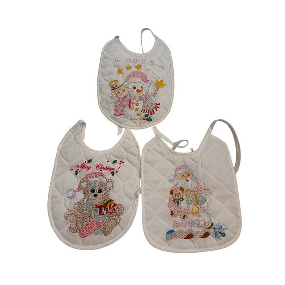 Set of 6 Vintage White Quilted Cross Stitch Look Baby Bibs Holiday Design Santa - Picture 5 of 6